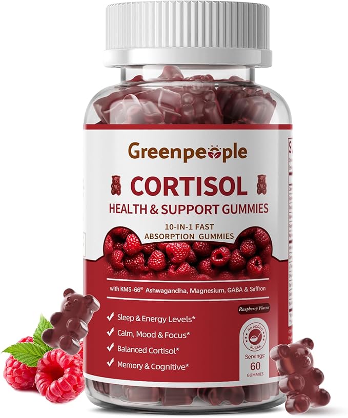 GREENPEOPLE Cortisol Supplements for Women &amp Men - Cortisol Reducer Detox Manager w/KSM-66 Ashwagandha/Magnesium/L-theanine/GABA/Vitamin B6 for Mood/Sleep/Stress Relief 60 CT Raspberry Flavor Gumm