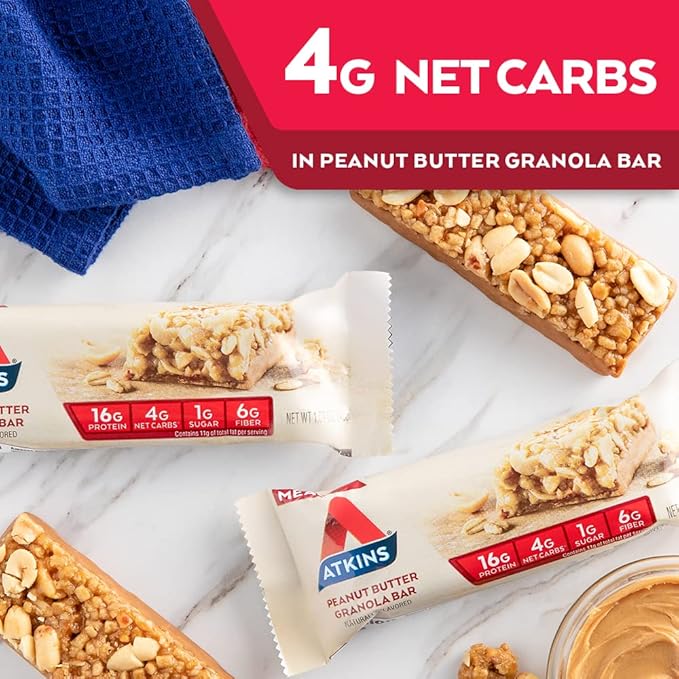 Atkins Peanut Butter Granola Protein Meal Bar High Fiber 16g Protein 1g Sugar 4g Net Carb &amp Milk Chocolate Delight Protein Shake 15g Protein Low Glycemic 2g Net Carb 1g Sugar