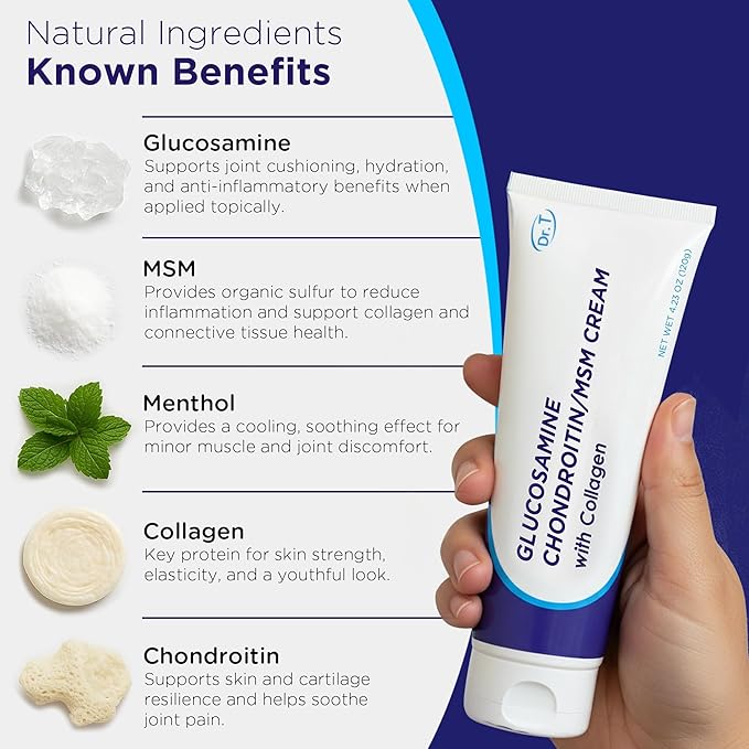 Dr. T Glucosamine Chondroitin Cream - Premium Formula with MSM and Collagen for Joint and Muscle Discomfort - Maintains Joint Strength Flexibility &amp Muscle Mobility - 4.23 oz / 120g (3 Pack)