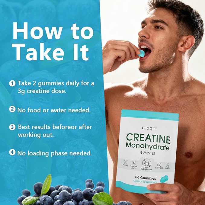 Creatine Monohydrate Gummies for Men &amp Women - 3g of Blueberry Creatine Gummies - Sugar-FreeVegan60 Count