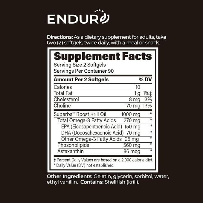 Endur Omega-3 Phospholipid (100% Pure Krill Oil) Heart Health Supplement Formulated for Optimal Absorption Gluten Free 500mg (180 Softgels)