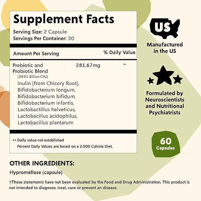 Prebiotics and Probiotics Mood Biotics by PYM with 22.91 Billion CFU (60 Count) Gut Health &amp Mood Support Supplement | Non-GMO Vegan Gluten Free
