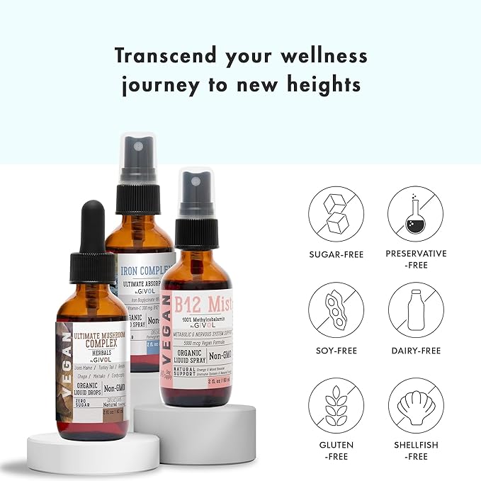 Ultimate Vegan Essential Bundle Liquid Spray- Ultimate Mushroom Complex Iron Bisglycinate and Vitamin B12 Methylcobalamin All Natural Non-GMO Gluten Free Sugar Free 2 Fl Oz 360 Days Supply