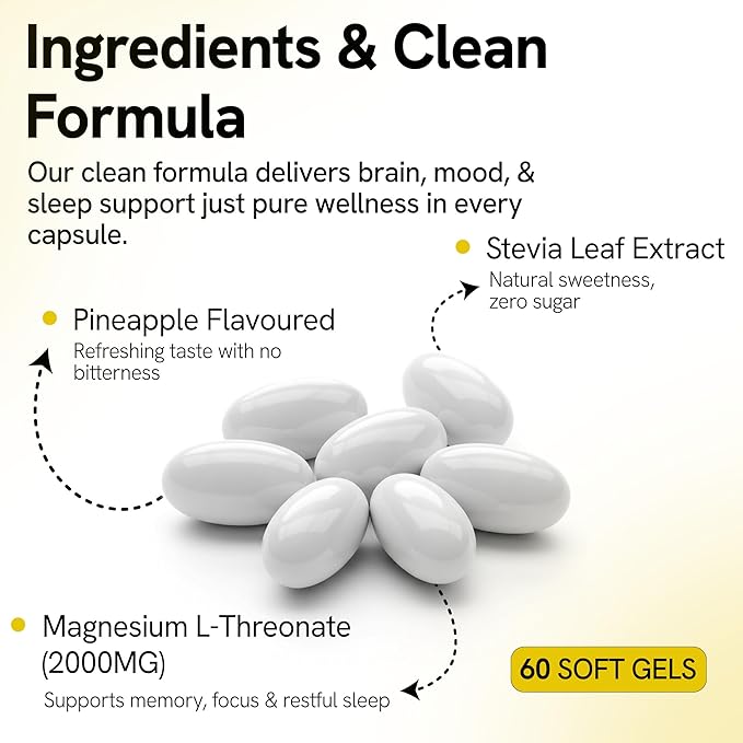 Magnesium L-Threonate Supplement 2000mg Soft Gels for Better Sleep - Brain Supplements for Memory and Focus - High Absorption Muscle and Brain Support - Stress Relief - 60 Count