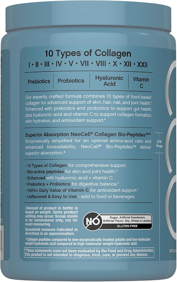 NeoCell Multi Collagen Bio-Peptides Powder | 10oz | Advanced with Hyaluronic Acid and Vitamin C | 10 Super Types of Collagen | Superior Absorption | Grassfed Protein Supplement