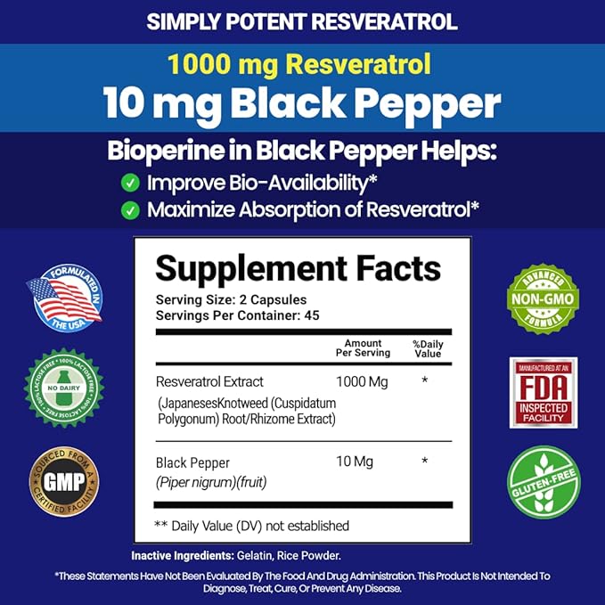 Resveratrol 1000mg Supplement Trans Resveratrol 500mg Resveratrol Enhanced with Black Pepper for Max Absorption Powerful Antioxidant &amp Anti-Aging Pills for Heart Immune &amp Skin Health 90 C