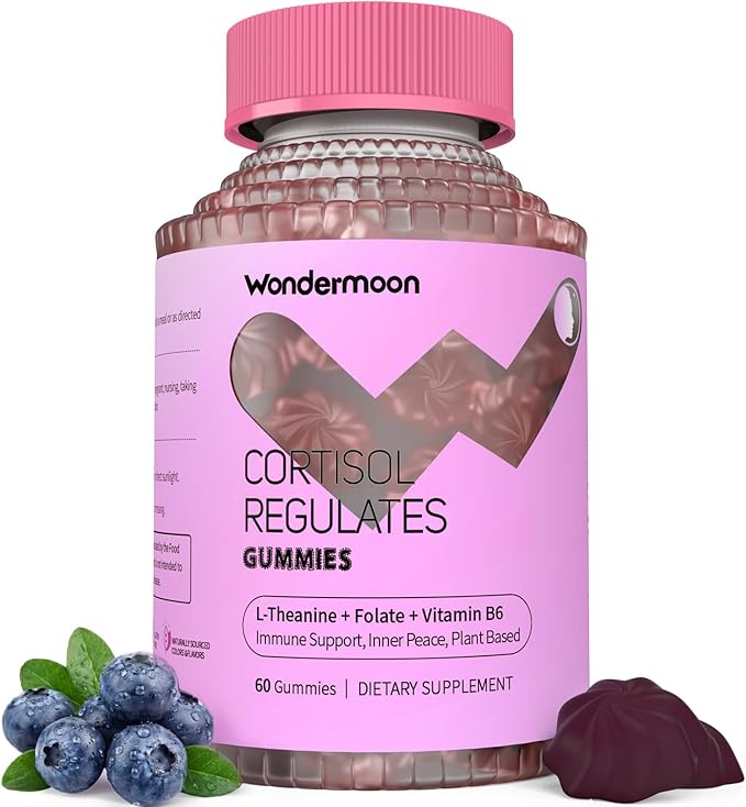 Wondermoon Cortisol Gummies for Women – Ashwagandha Rhodiola L-Theanine B6 &amp Magnesium – Stress Balance &amp Relaxation Blueberry Flavor – 60 Gummies