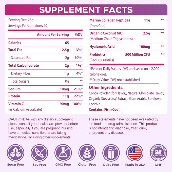 Collagen Protein Coffee Creamer Powder with Coconut MCT Hyaluronic Acid Vitamin C &amp Probiotics for Hair Skin and Nails Gut Health Non Dairy Sugar Free Keto Chocolate 17.64 Ounce (20 Servin