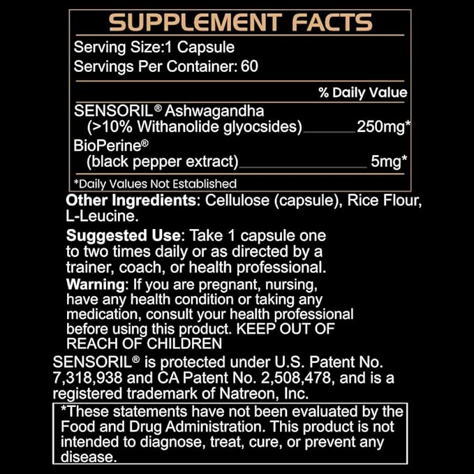 BLACKLABEL Supplements Sensoril Ashwagandha Supplement 60 Capsules – Withania Somnifera for Cortisol Balance Adaptogenic Stress Support and Recovery – Ashwagandha Supplement Capsules