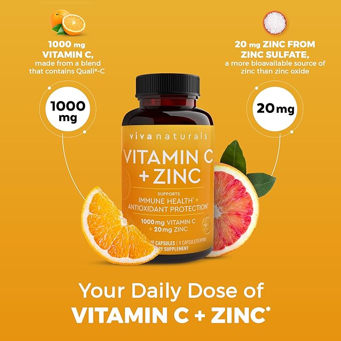 Viva Naturals Vitamin C and Zinc Supplement (250 Capsules) - 1000 mg Vitamin C with Zinc 20 mg Antioxidant Supplements for Immune Support Vitamin Supplement for Adults