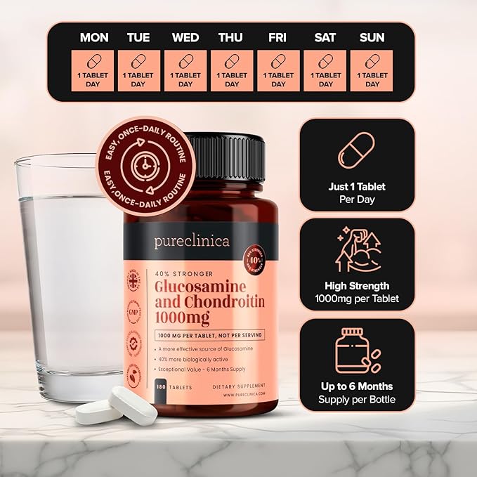 pureclinica 1000mg Glucosamine HCL &amp Chondroitin x 180 Tablets - 6 Months Supply. The Most Effective and Biologically Active: Chondroitin 90% Glucosamine HCL 83.1%
