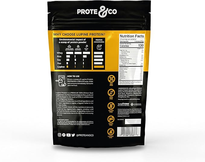 Prote&ampCo Lupin Protein - 24g of Vegan Plant Based Protein Powder. Non GMO No Added Sugar Lactose Free Gluten Free Soy Free. 20 Servings - Chocolate
