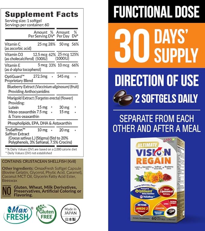 LABO Nutrition Ultimate VisionREGAIN Eye Vitamin Beyond AREDS 2 Formula with Lutein Zeaxanthin Saffron Extract Blueberry for Macular &amp Retinal Health Eye Fatigue Night Vision Support 60 Coun