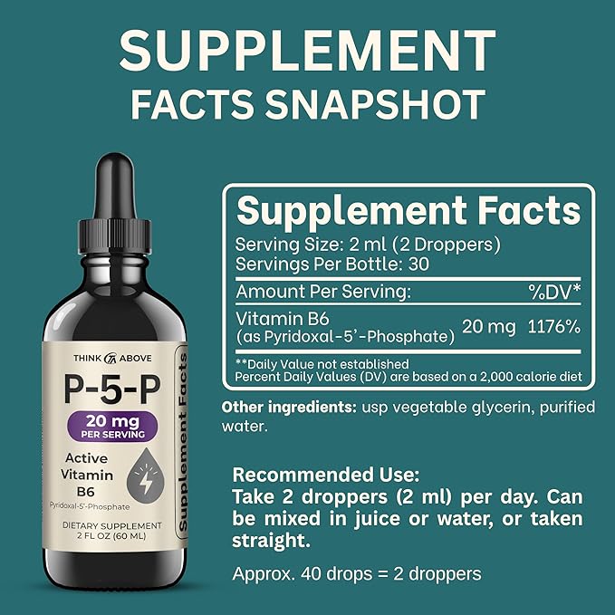 P5P Liquid Drops – Activated Vitamin B6 (Pyridoxal-5-Phosphate) – Fast Absorption Formula – 2 oz (60 mL) Pack of 2