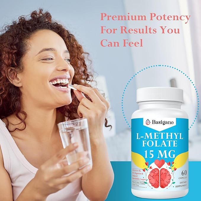 15mg L Methylfolate (5-MTHF)- Active Folic Acid-Enriched with Vitamins B6 and B12-60 Vegetarian Capsules - Non-GMO Gluten-Free