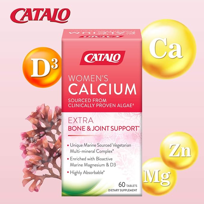 CATALO Women's Calcium with Aquamin™ Red Algae - Plant-Based Marine Calcium Supplement with Vitamin D3 Magnesium &amp Zinc - High Absorption Formula - 60 Tablets