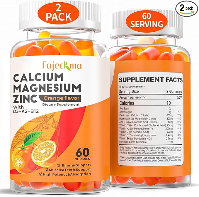 Calcium Magnesium Zinc Gummies for Adult: Organic 1000mg Calcium Citrate Magnesium Supplement with D3 K2 B6 B12 - Sugar Free High Absorption Supplement for Women Men (60 Count(Pack of 2))