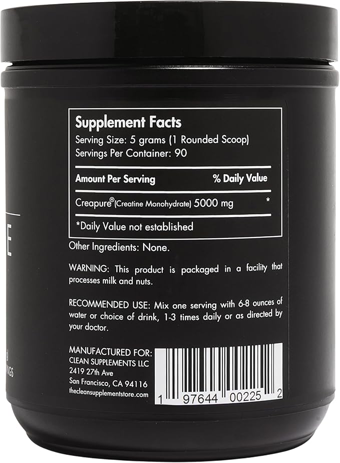 CLEAN Creatine - 100% Creapure® Creatine Monohydrate Powder for Muscle Health Performance and Cognitive Support | 3rd Party Certified by NSF | 90 Servings | Unflavored | Vegan Keto and Gluten-Free