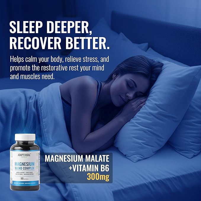 ADAPTOHEAL Magnesium Complex – Glycinate Malate &amp Citrate with Vitamin B6 Sleep Support Stress Relief Muscle Relaxation Nervous System Support – 90 Capsules