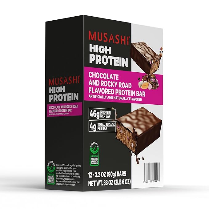 MUSASHI High Protein Bar 45g Protein 2g Total Sugars Rocky Road Post Workout and Protein Snack On The Go 12 Pack of 3.2oz (90g) Bars