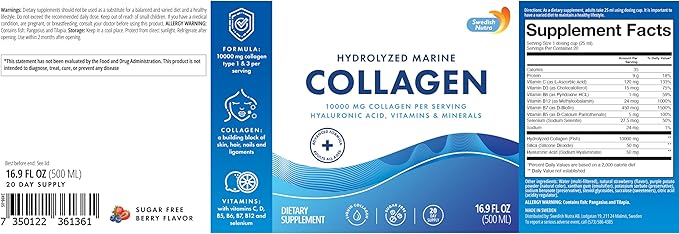 Swedish Nutra - 10000 mg Hydrolyzed Marine Collagen Liquid Supplement - 3 x 500 ml (1500 ml) 60-Day Supply | Hyaluronic Acid Biotin and Vitamin C for Hair