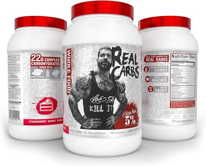 5% Nutrition Rich Piana Real Carbs with Real Food Complex Carb Powder Long-Lasting Low Glycemic Energy for Pre-Workout/Post-Workout Recovery Meal 2.84 lb 40 Servings (Strawberry Shortcake)