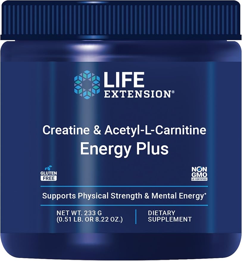 Life Extension Creatine Acetyl-L-Carnitine Energy Plus Energy Support Supplement creatine monohydrate Acetyl-L-carnitine Gluten-Free Non-GMO Vegetarian 30 Servings