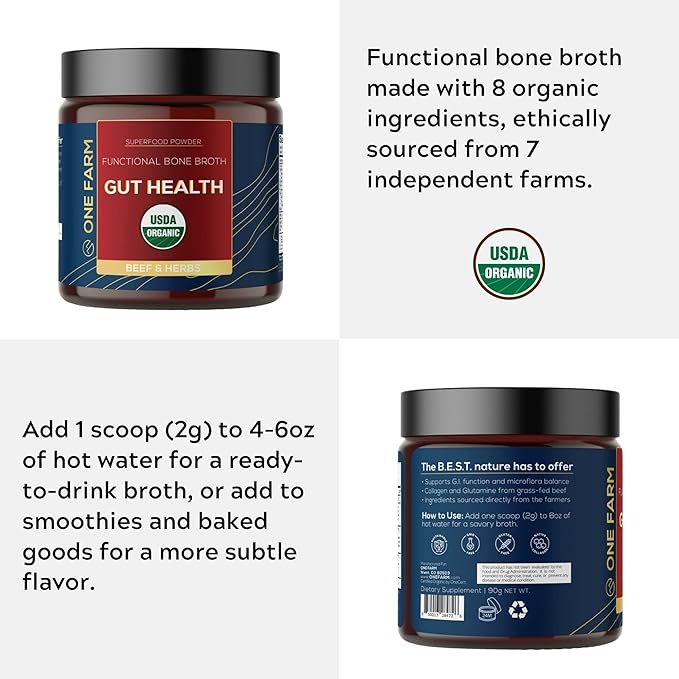One Farm Superfood Powder Gut Health Organic Gut Soothing Blend and Prebiotic Blend Non-GMO Prebiotics with Bone Broth Turkey Tail Mushroom Slippery Elm and Marshmallow Root for GI Health
