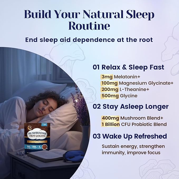 Mushroom Hot Cocoa Powder with Magnesium Glycinate Natural Sleep Aid with Reishi &amp L-Theanine for Adults 12 Superfoods Melatonin 3mg Unsweetened Hot Chocolate Drink Mix for Sleep 30 Servings