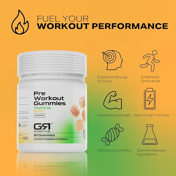 Pre Workout Gummies – Tropical Blast Long Lasting No Crash Vegan Energy &amp Focus Boost USA Made &amp GMP Certified with VasoDrive-AP and Vitamin B 12 for Men &amp Women (60 Count)