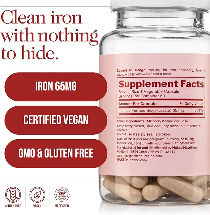Naked Iron + Vitamin C Bundle – High-Potency Supplement for Deficiency Energy Support Red Blood Cell &amp Daily Antioxidant Immune Support – 65 mg Iron (60 Caps) + 500 mg Vitamin C (90 Caps)