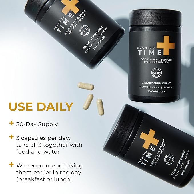 Nuchido Time+ NAD Supplement for Men &amp Women - Advanced Formula for Healthy Aging Energy Focus Cellular Health &amp Longevity - Nicotinamide Alpha Lipoic Acid Quercetin - 90 Capsules