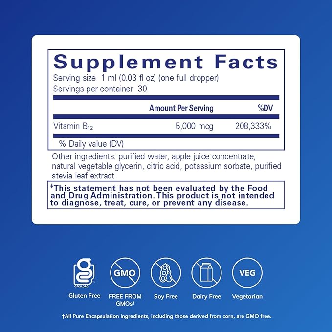 Pure Encapsulations B12 5000 Liquid - Vitamin B12 Methylcobalamin Supplement to Support Energy Nerve Health Cognitive Function &amp Blood Cells* - Liquid Drops - 1 Fl Oz