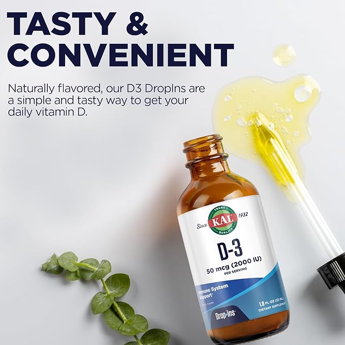 KAL Vitamin D3 2000 IU (50 mcg) DropIns - Liquid Vitamin D3 Drops - Bone Strength and Immune Support Supplement - Vegetarian 60-Day Guarantee Approx. 590 Servings 1.8oz