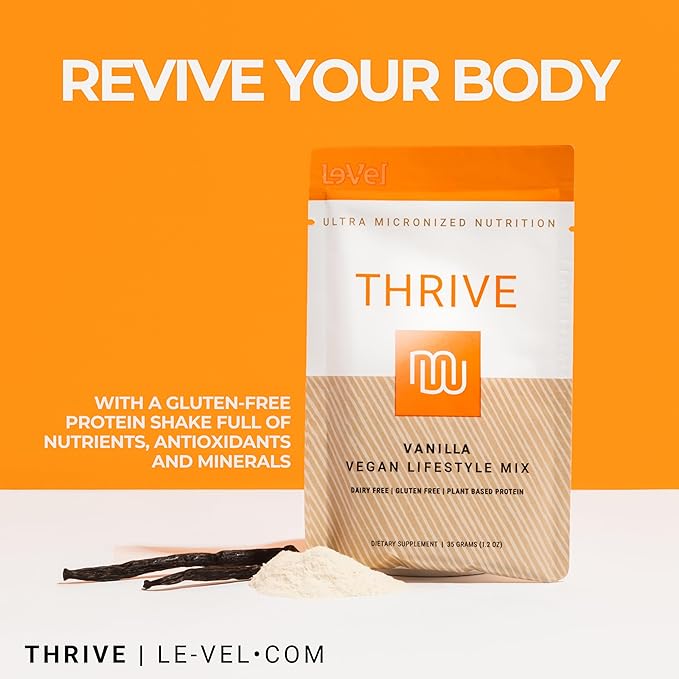 Le-Vel Thrive Vegan Protein Shake | 16 Packets 35g | Gluten-Free Plant-Based Protein with Probiotics Fiber &amp Enzymes | Supports Lean Muscle &amp Digestive Health (16 Packets (Pack of 1) Vanill