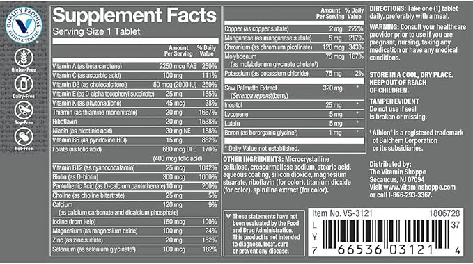 The Vitamin Shoppe Once e Daily Men's 50+ Multivitamin |Multi-Mineral | Antioxidant Supplement |Supports Energy Production Vision and Immune Health (60 Tablets)