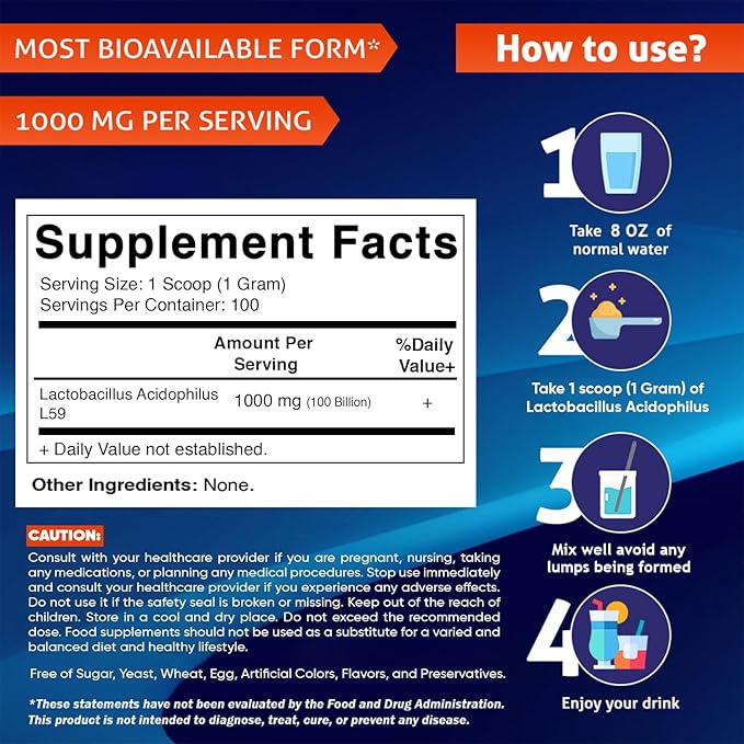Vitamatic Lactobacillus Acidophilus Probiotic Powder - Digestive Health Support - 100 Gram (3.5 OZ) - 100 Servings