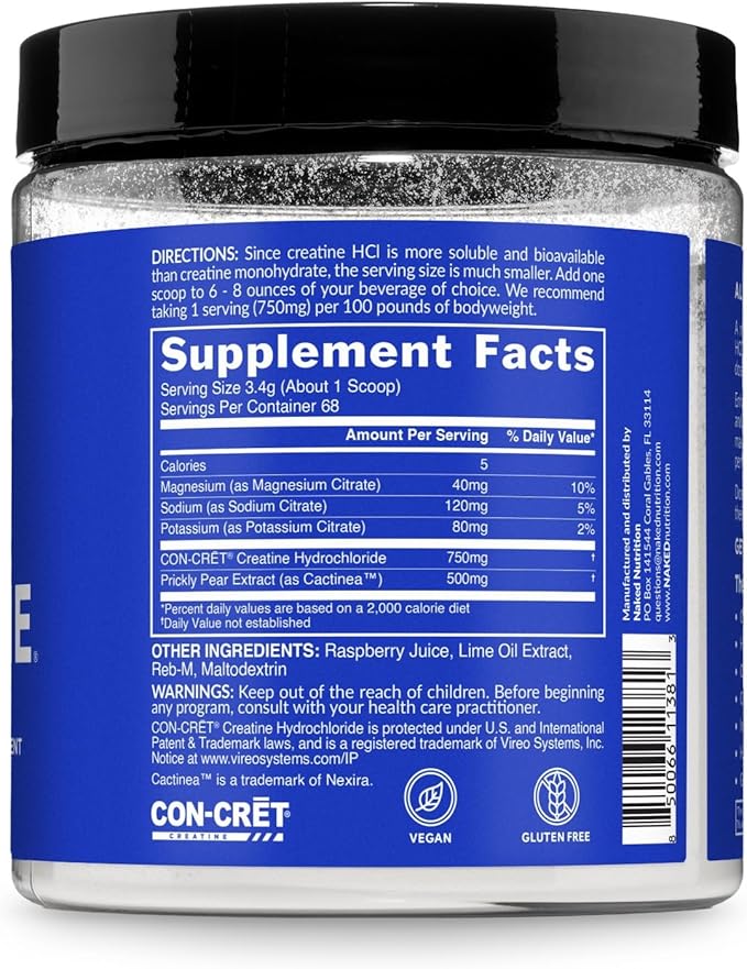 NAKED Lean Creatine HCl Powder - Raspberry Lime Vegan Non-GMO Gluten-Free No Fillers Supports Muscle Growth &amp Strength - 68 Servings