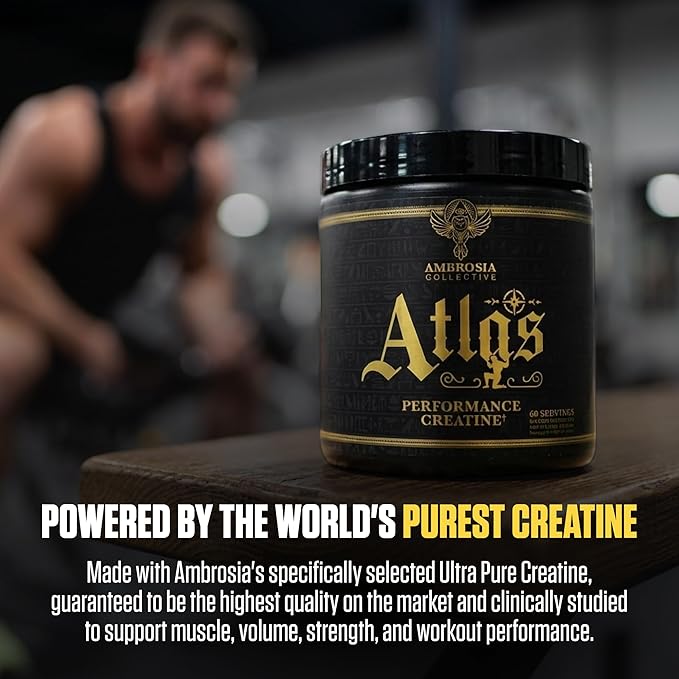 Ambrosia Atlas Performance Creatine Creapure® + Acetic Acid – Explosive Strength &amp Endurance Support – Muscle Recovery Fatigue Resistance &amp Performance Boost Support – 60 Servings