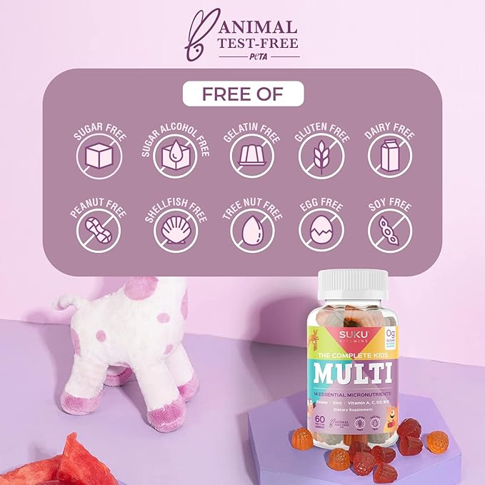 SUKU The Complete Kids Multivitamin Gummies – Vitamins A C D E B6 B12 Folate &amp Zinc – Immune Support Sugar-Free Gluten-Free Non-GMO Tropical Bonanza Flavor – 60 Count