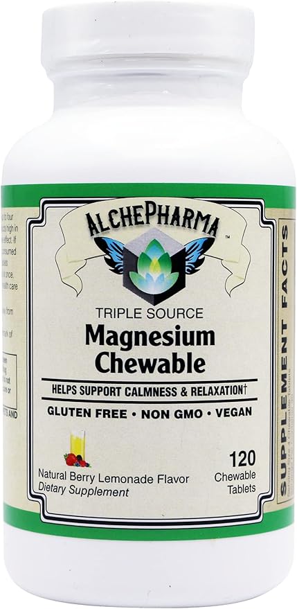 Triple Source Chewable Magnesium Aquamin® Citrate and Chelate Vegan Great Tasting Berry Lemonade (Natural Berry Lemonade 120 Chewables)