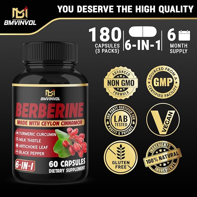 (3 Packs) Berberine Supplement Plus Ceylon Cinnamon Milk Thistle Turmeric Artichoke Leaf Black Peppe - 6 Month Supply - 180 Capsules Total
