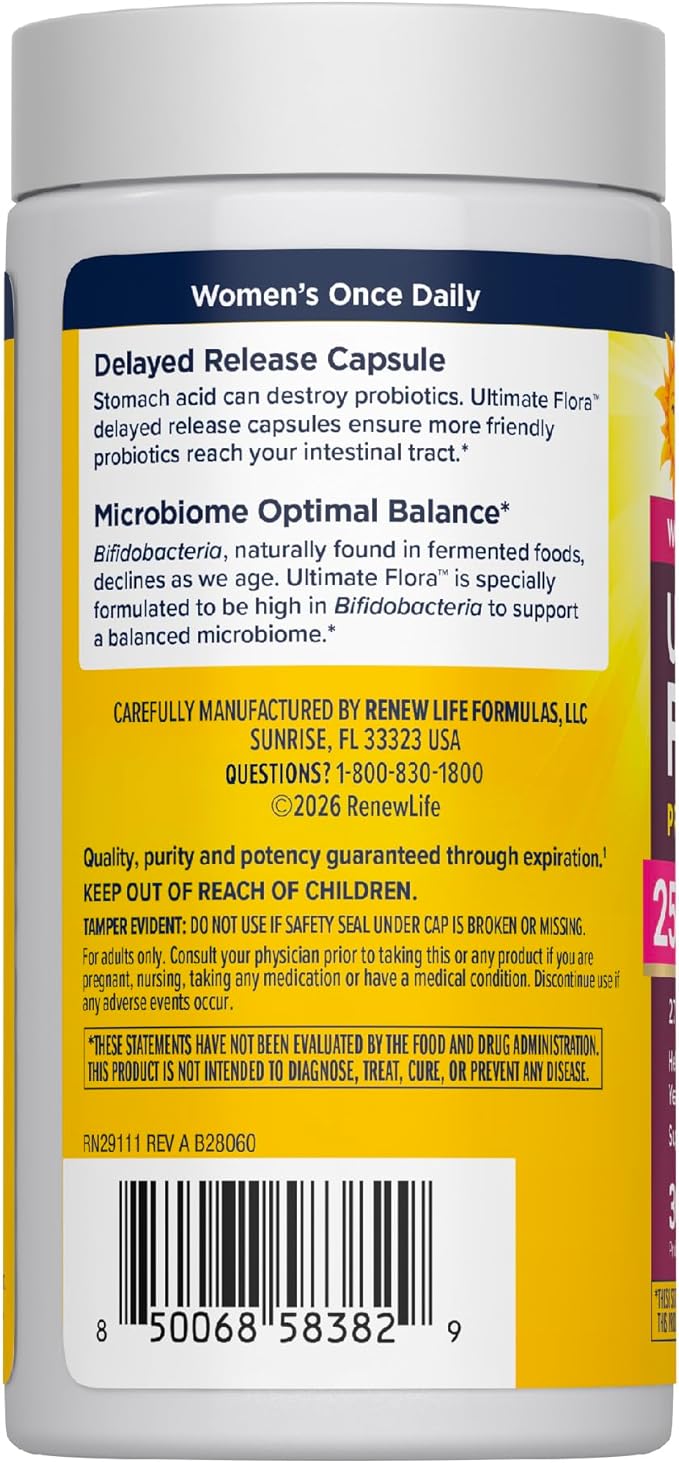 Renew Life Ultimate Flora Women's Probiotic and Prebiotics | 25 Billion CFU | 30 Delayed Release Capsules | 3 in 1 Synbiotic | Supports Digestive and Immune Health | Dairy Soy and Gluten-Free