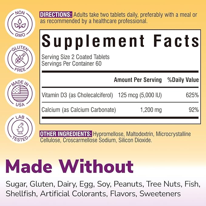 Calcium 1200mg Vitamin D3 5000IU 120 Tablets and Maca Root Capsules 1500mg 120 Capsules Bundle Non-GMO