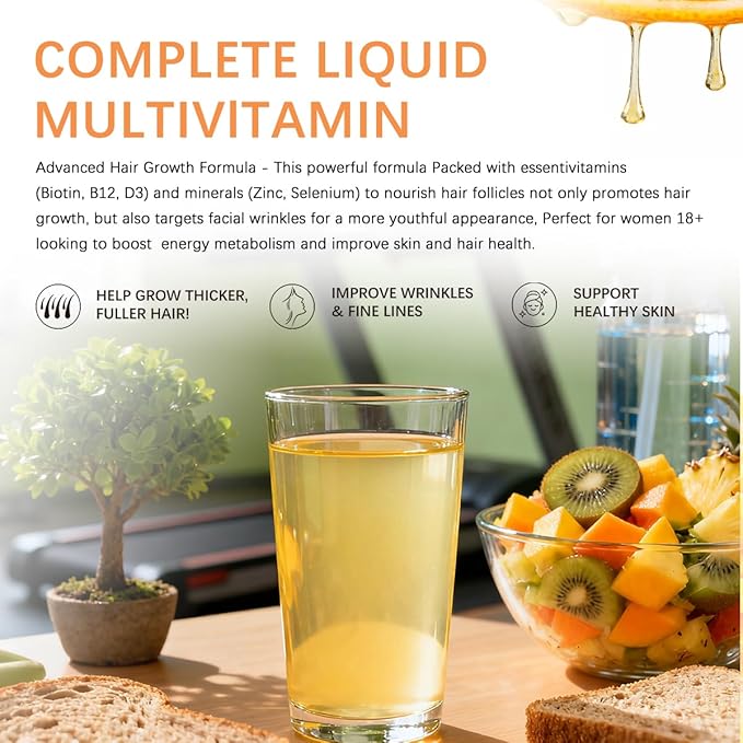 Complete Liquid Multivitamin Hair GrowthSupport for Thicker Hair &amp Facial Wrinkles in Women | Biotin 30mcg | Semen Sesami Nigrum Promotes Energy Metabolism Skin &amp Hair for Ages 18+ | 16.23 Fl