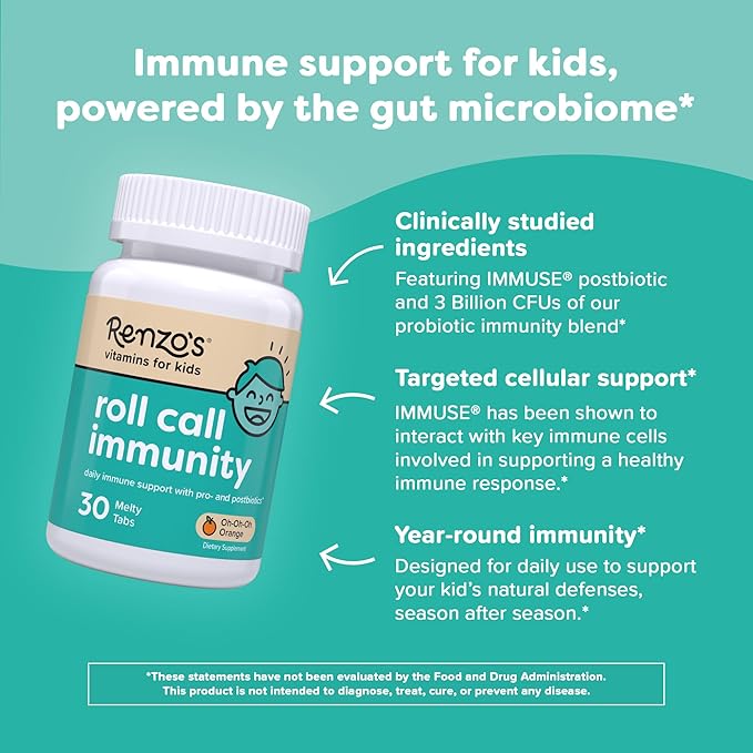 Renzo's Roll Call Immunity - Dissolvable Kids Immune Support Supplement with IMMUSE Postbiotic Sugar-Free Kids Vitamins 30 Orange-Flavored Melty Tabs
