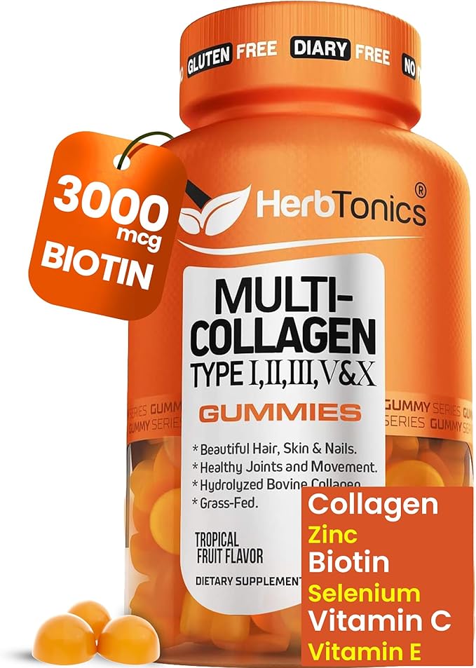 Herbtonics Multi Collagen Gummies with Biotin &amp Vitamin C Hydrolyzed Collagen Peptides Types I II III V X for Hair Skin Nails &amp Bone Support - Tropical Flavor 60 Gummies