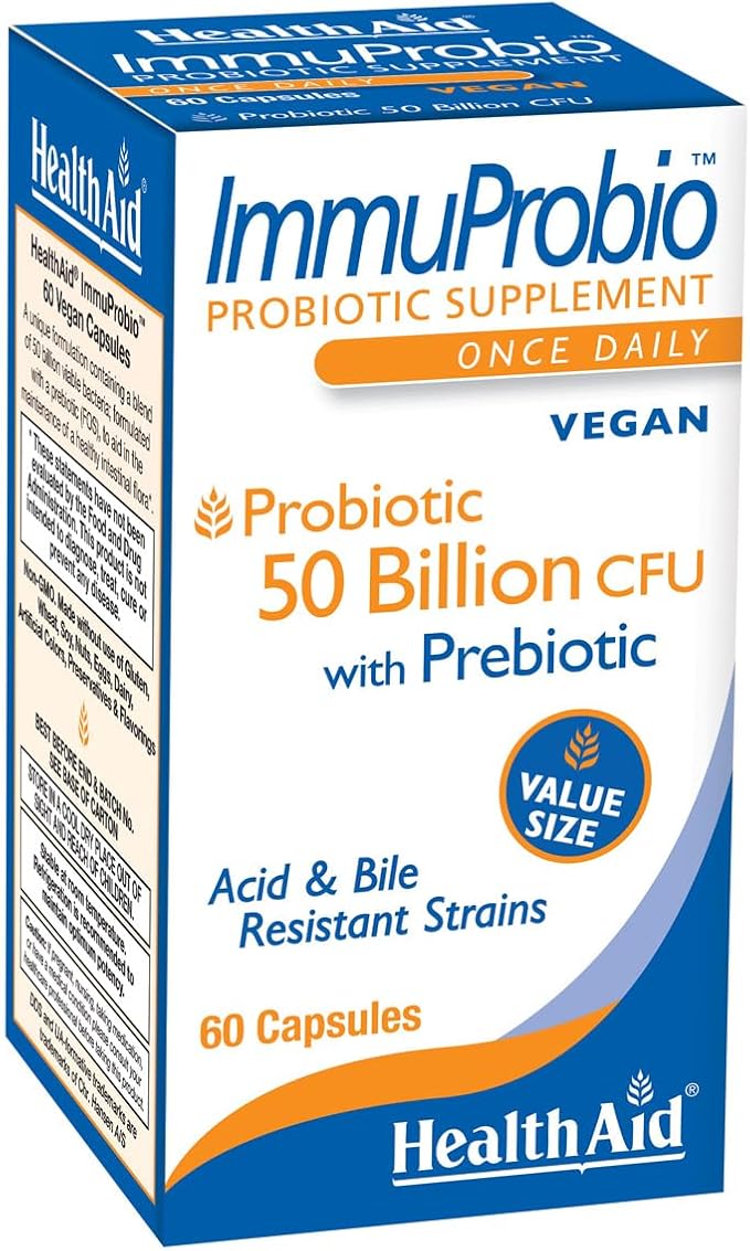 HealthAid ImmuProbio 60 Caps - 50 Billion CFU with Prebiotic Once Daily Acid &amp Bile Resistant Strains Vegan
