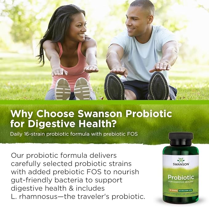 Swanson Probiotic for Digestive Health GI Tract Immune Support Travelers Support 20 Billion CFU with Prebiotic FOS 60 Veggie Capsules (Caps)