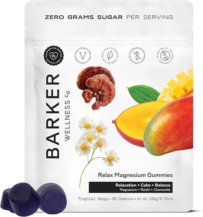 Barker Wellness Magnesium Relax Gummies | Advanced Stress &amp Muscle Tension Relief | Promotes Calm &amp Relaxation with Reishi Mushroom &amp Chamomile | Vegan Sugar-Free Tropical Mango | 60 Gum